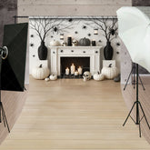Aperturee - Aperturee Modern Halloween Fireplace Sweep Backdrop Chic Black and White Decor Spooky Studio Photo Shoots